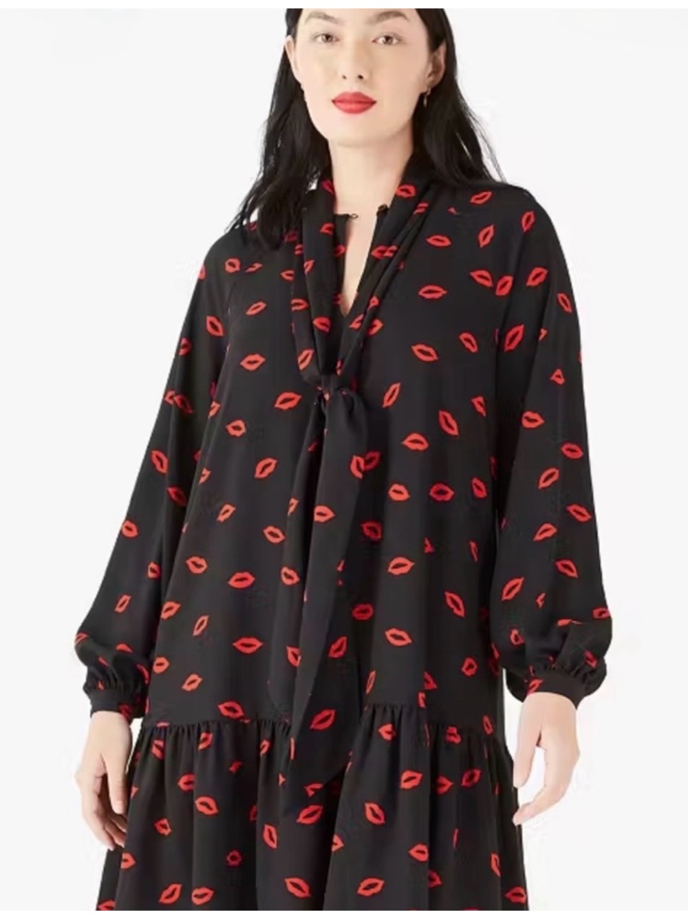 Kate Spade Black Dress with Red Lip Print Tie Neck Dress